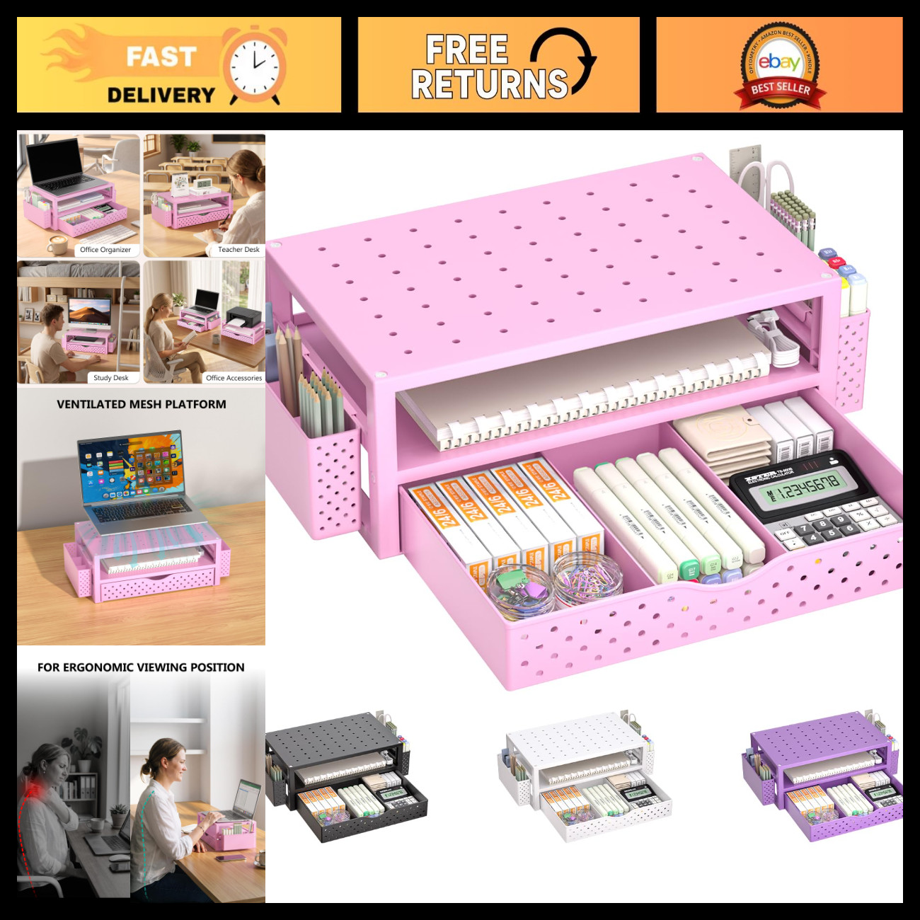 3-Tier Desk Organizer with Drawer & Pen Holder, Laptop Stand Riser for Home Offi
