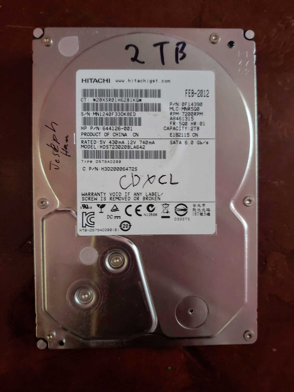 Hitachi HDS723020BLA642 2TB, Internal, 7200 RPM, 3.5" Hard Drive, Storage, As-is