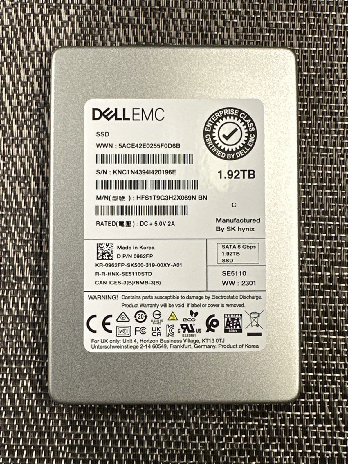 Dell 962FP 1.92TB 2.5 SATA 6G Enterprise SSD HFS1T9G3H2X069N SK hynix SE5110
