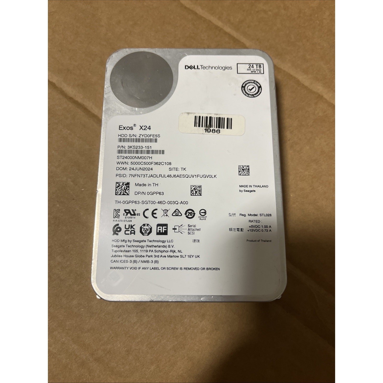 Dell 0GPP63 Seagate ST24000NM007H Exos X24 24TB HDD 3.5” SAS -Less 4.1K Hour Use