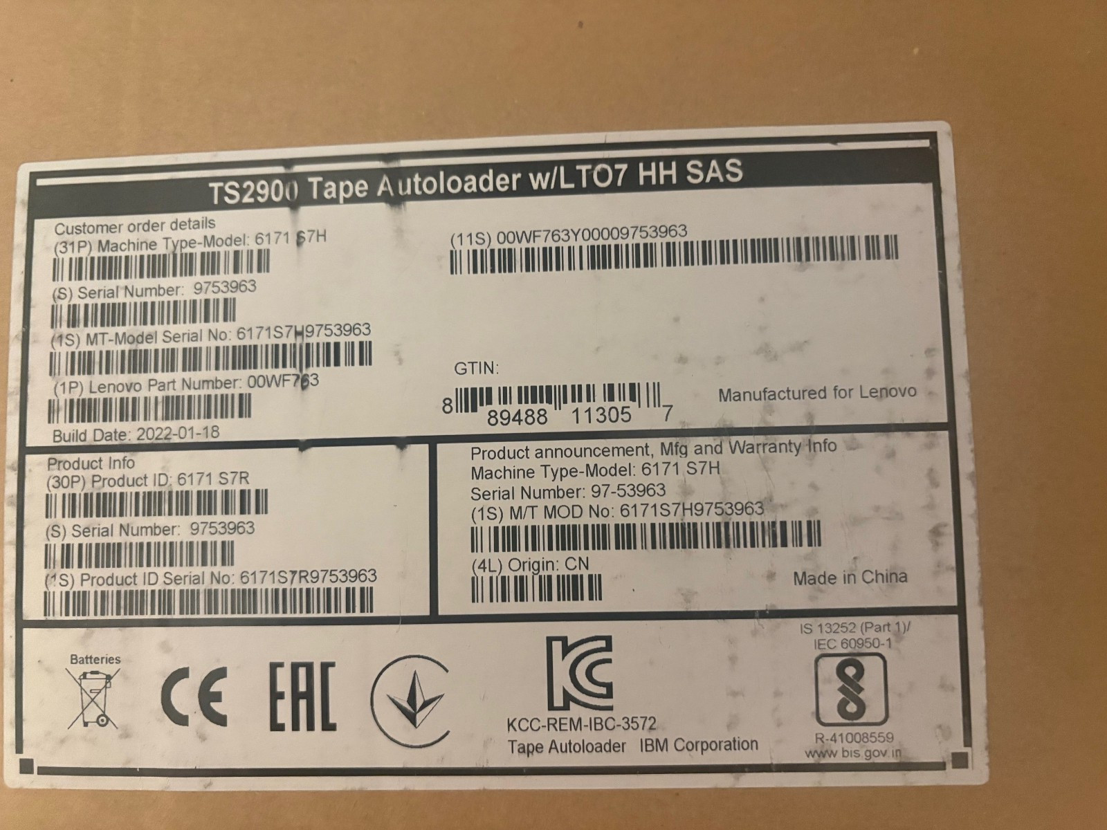 IBM TS2900 LTO7 9 SLOT SAS AUTOLOADER 6171-S7R 00WF763 1U NEW LTO-7 6171-S7H