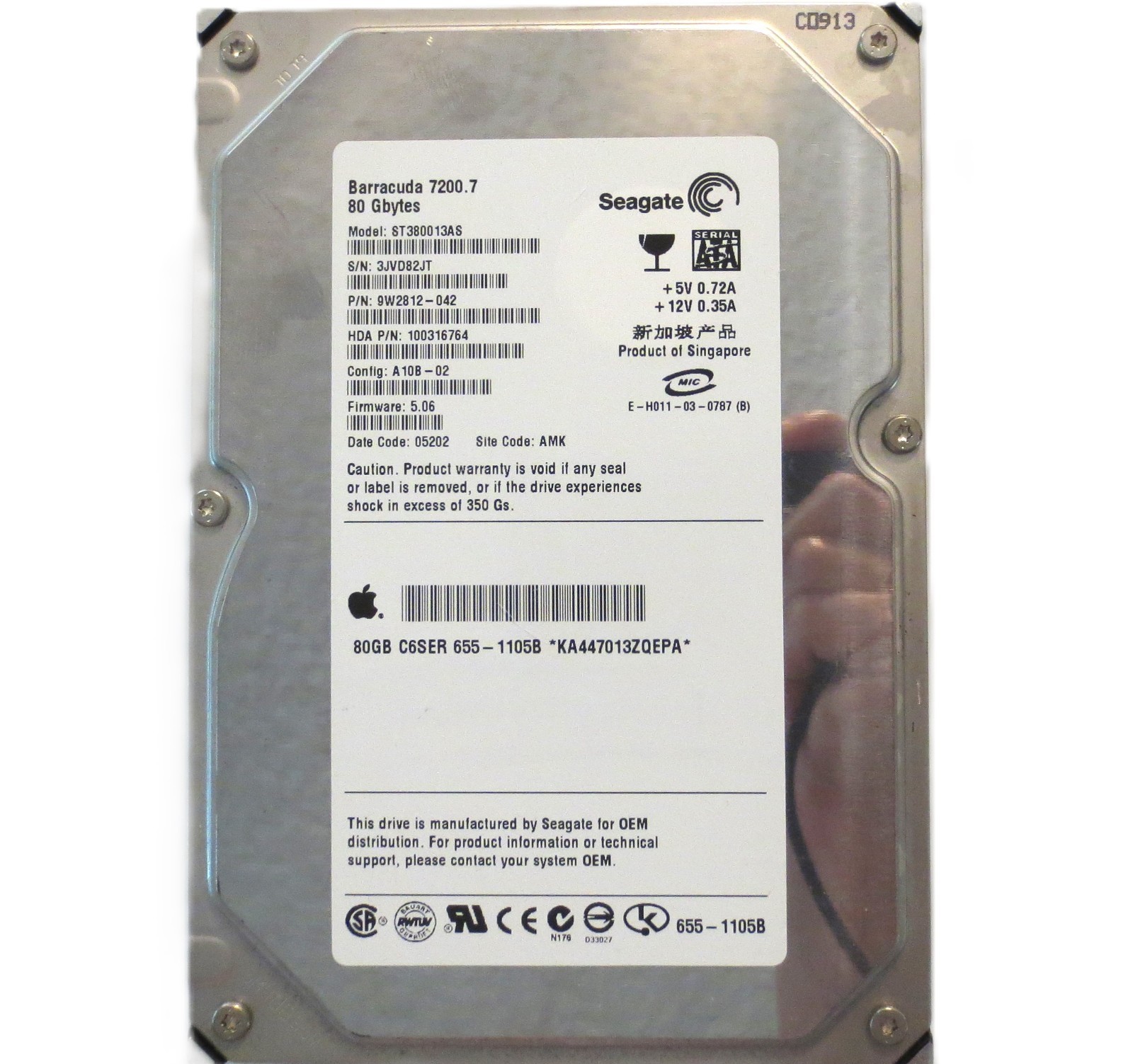 Seagate ST380013AS 9W2812-042 5.06 (3JV) AMK Singapore 80gb 3.5" Sata HDD 2004