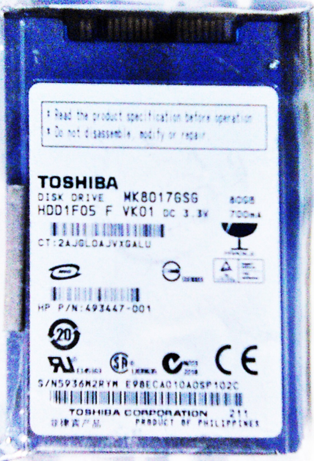 NEW TOSHIBA 1.8" 80GB HDD1F05 SATA DISK DRIVE - MK8017GSG