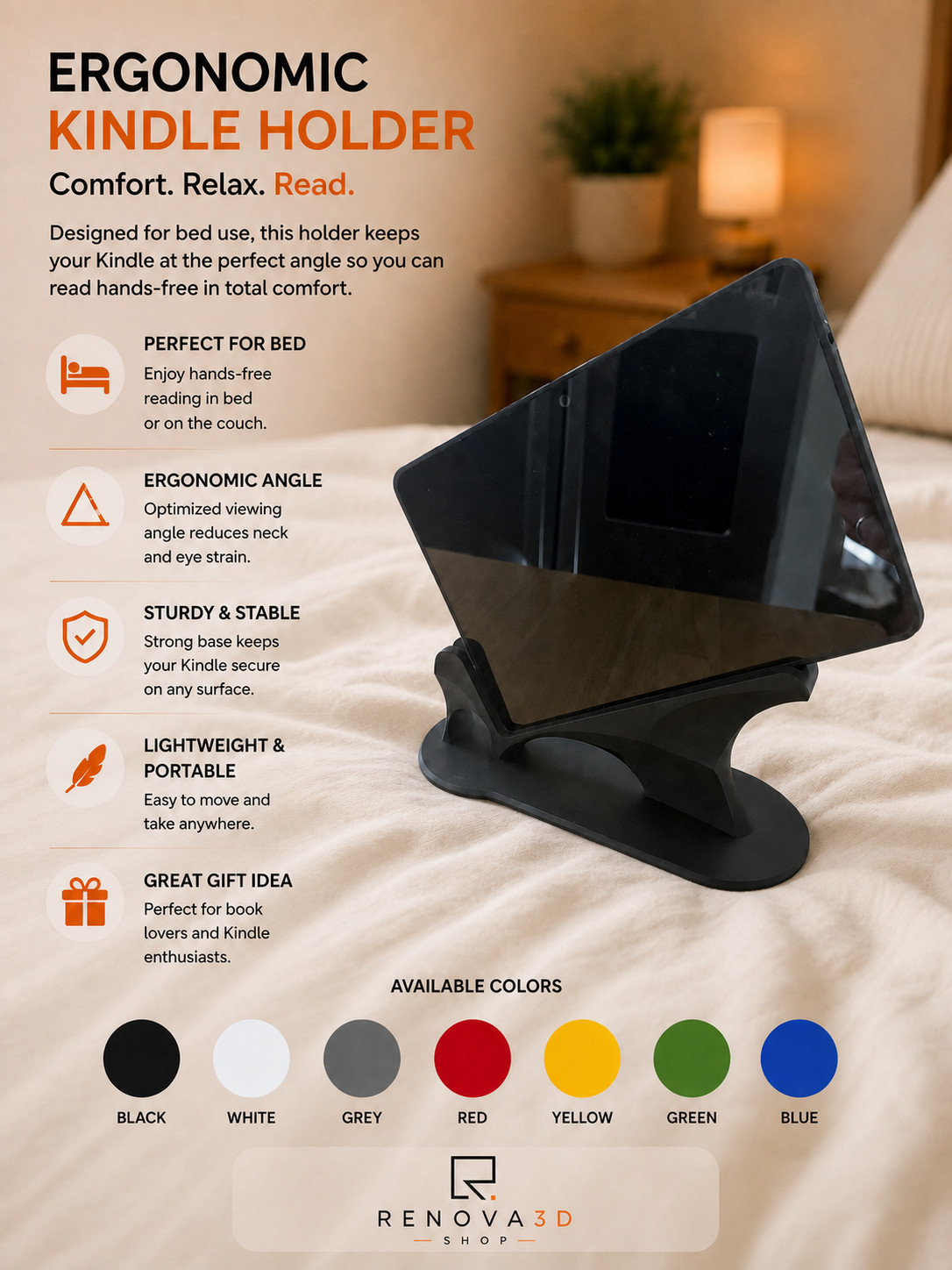 Ergonomic Kindle Holder for Bed 3D Printed Hands-Free Reading Stand