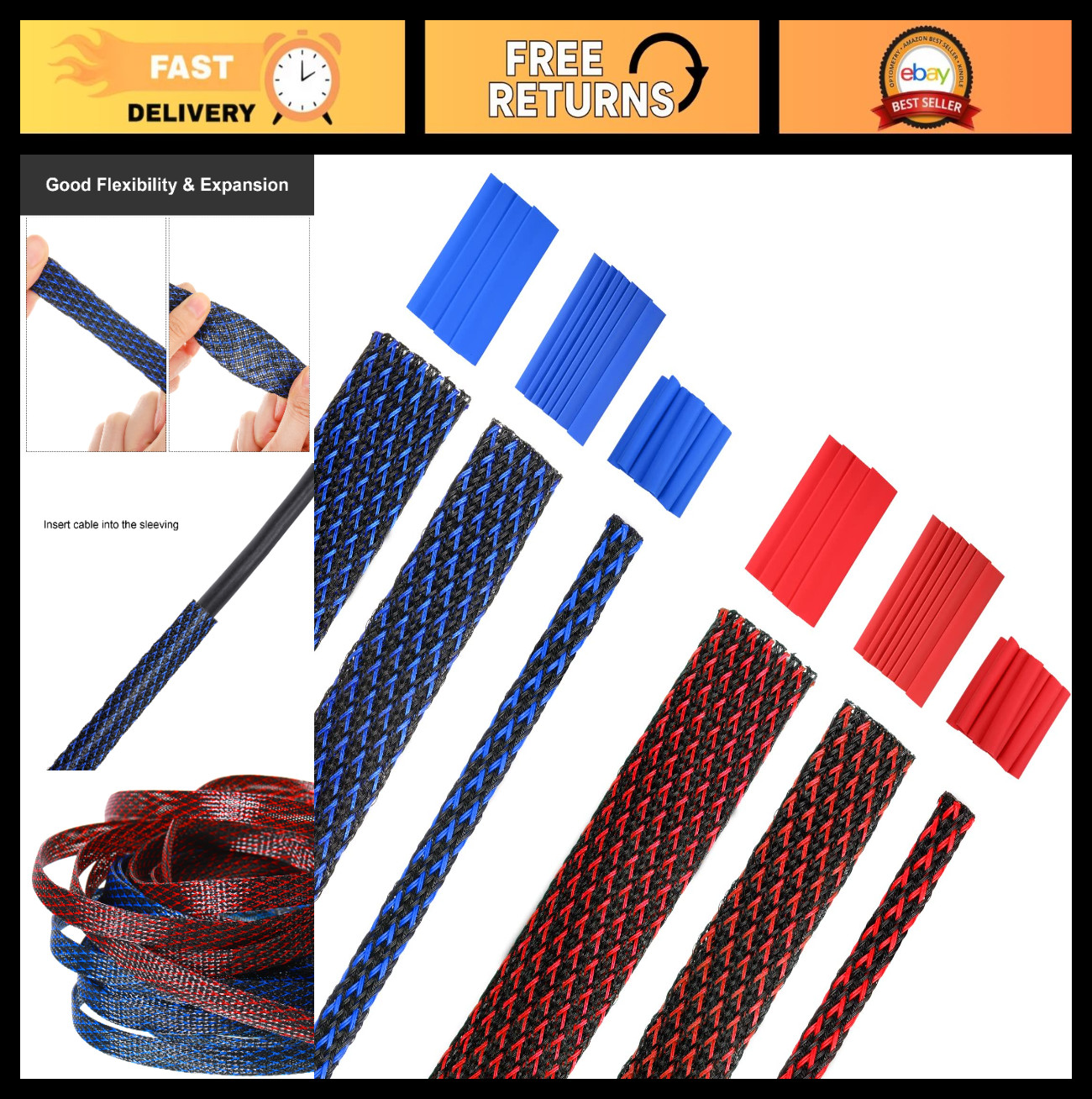 96ft Wire Loom Braided Cable - 1/2", 1/4", 3/8" - Red, Blue, Black - Cable Manag
