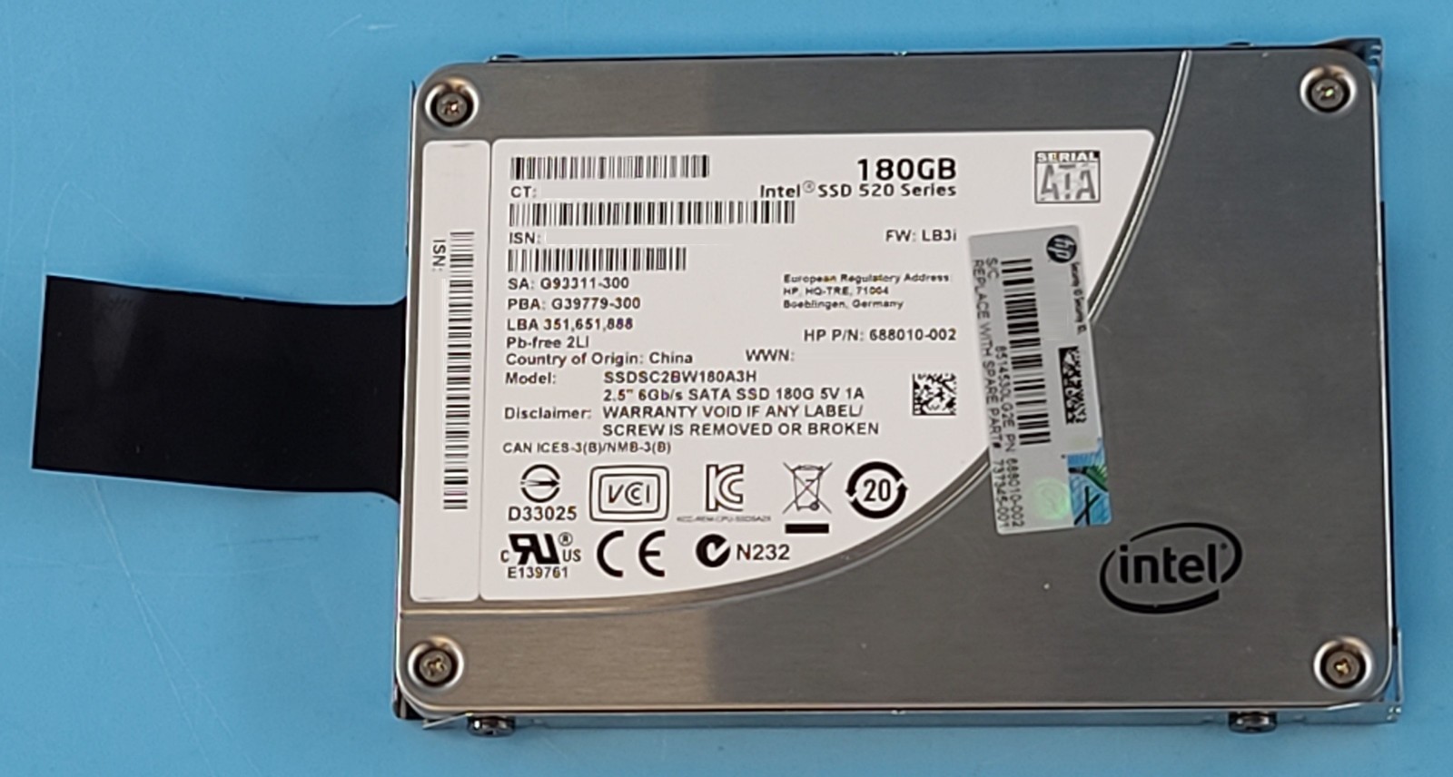 HP 180GB 737345-001 688010-002-002 SSDSC2BW1803AH Intel® SSD 520 2.5” SATA-3 6.0