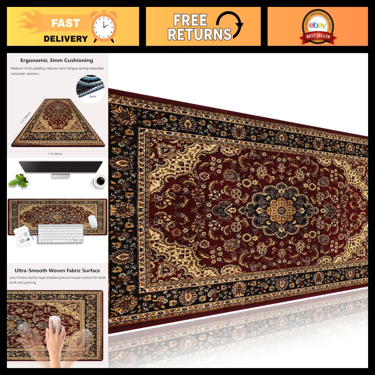 Large Vintage Oriental Persian Floral Mouse Pad - Red Black Beige Desk Mat