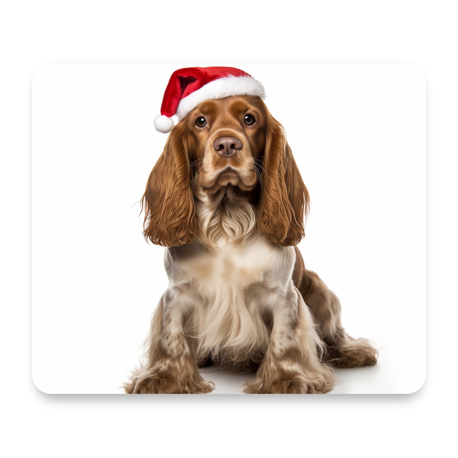 English Cocker Spaniel Santa Hat, White Background Christmas Mouse Pad 9.25x7.75