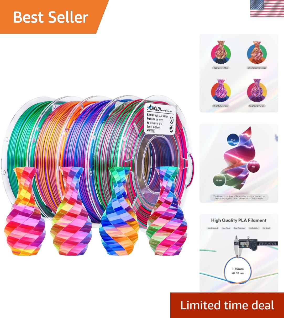 3D Printing Silk PLA Filament - 4 Pack of Color Changing 1.75mm Filament