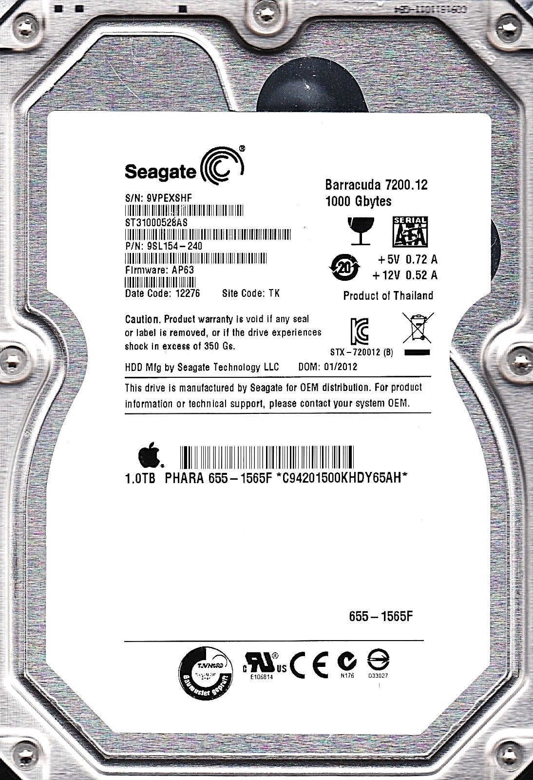 ST31000528AS pn: 9SL154-240 TK  sn: 9VP 01/2012 fw: AP63 1TB SEAGATE BAD SECTORS