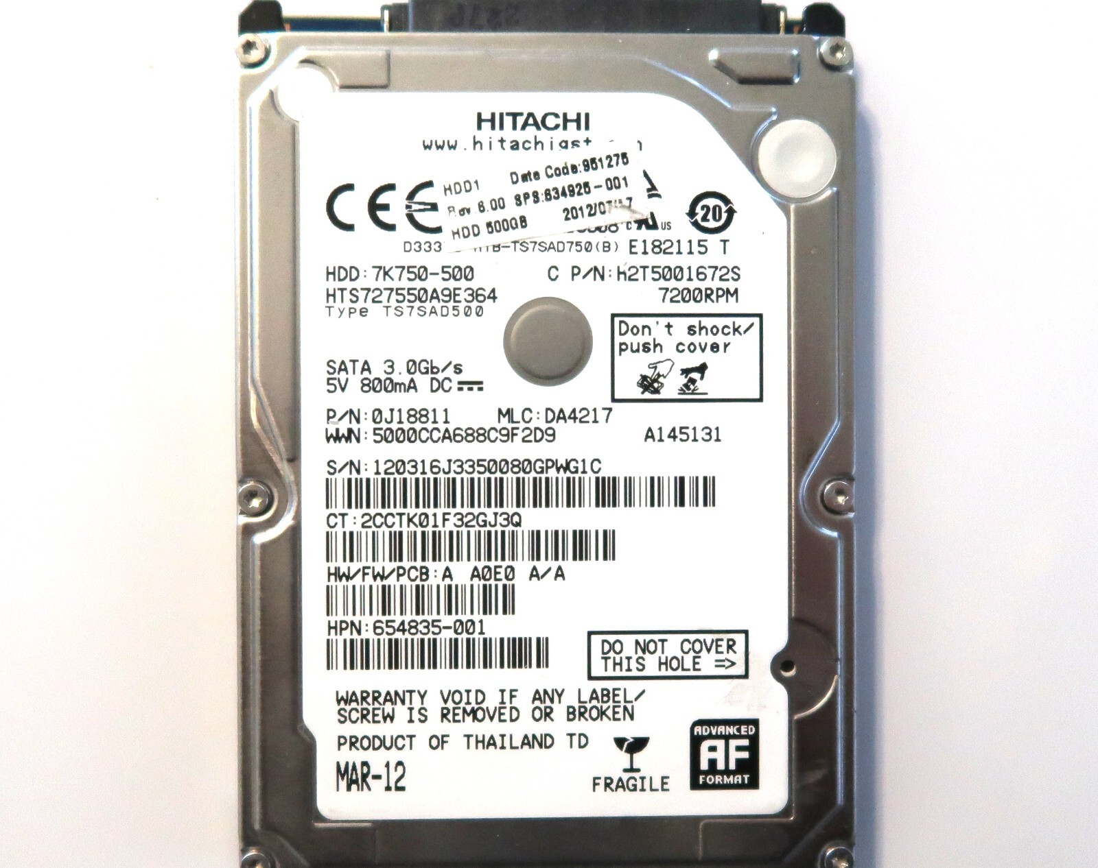 Hitachi HTS727550A9E364 PN: 0J18811 DA4217 (1203) Thailand 500gb Sata MAR-2012
