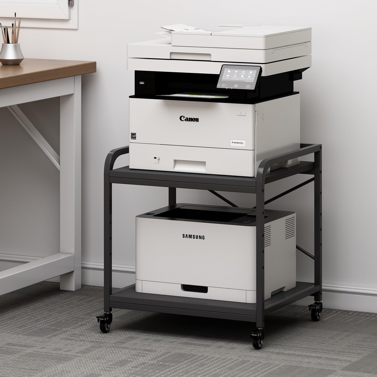 2 Tier Under Desk Printer Stand with Storage, 20 Inches Deep Large Printer Ta...