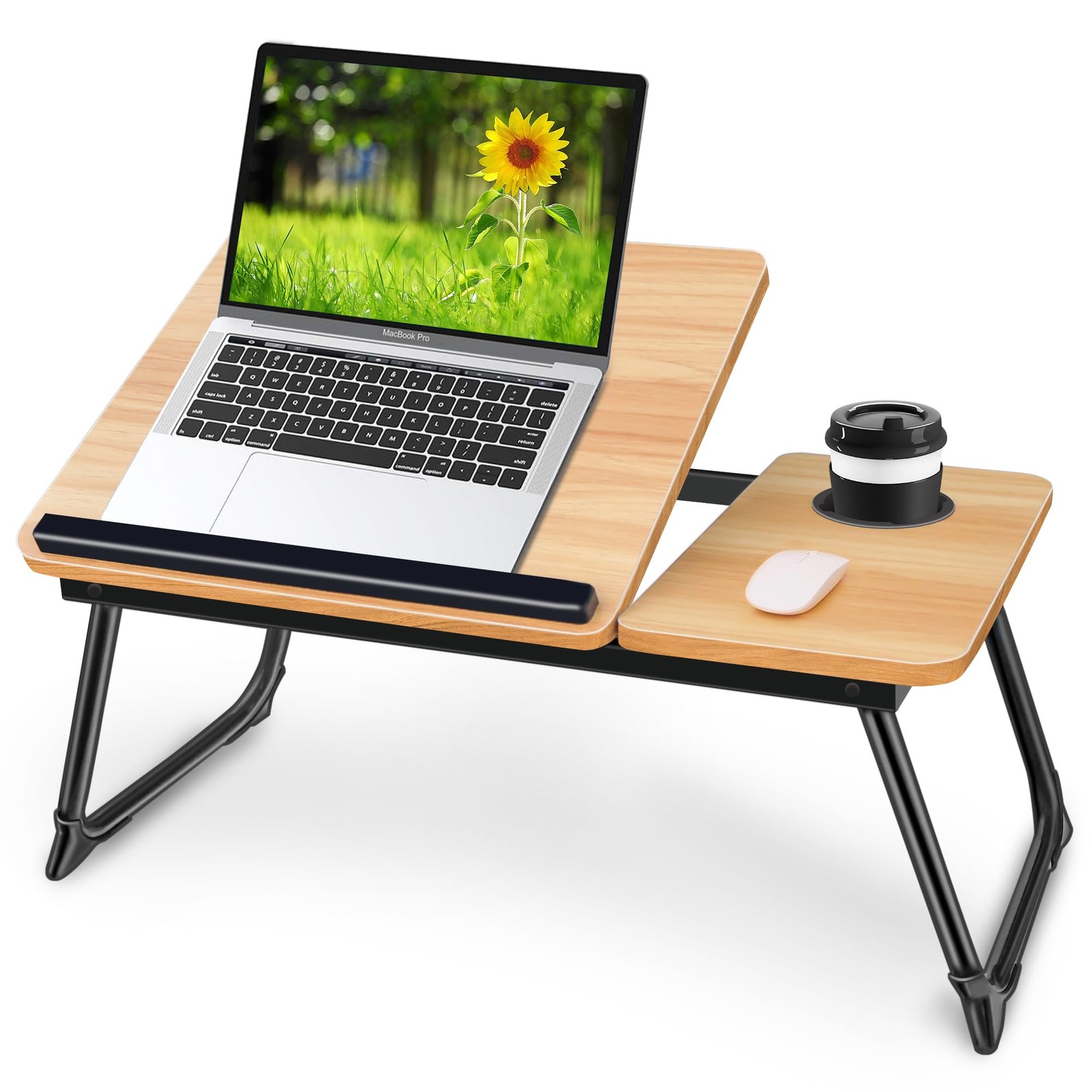 Adjustable Laptop Bed Desk Table Tray Brown Wood Foldable w/ Cup Holder