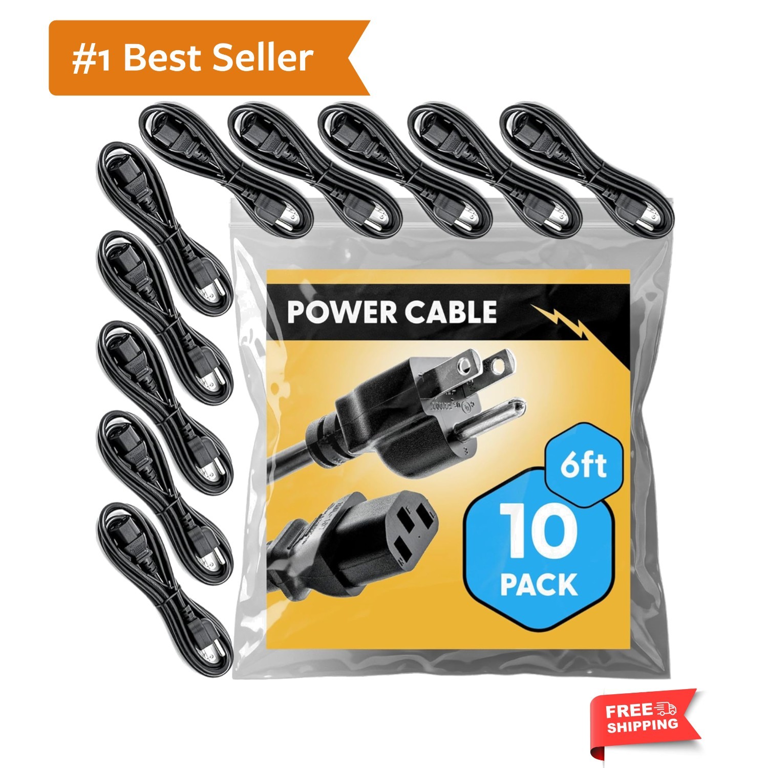 Approved 6ft Universal Power Cord 10 Pack - IEC C13 to NEMA 5-15P Computer Mo...