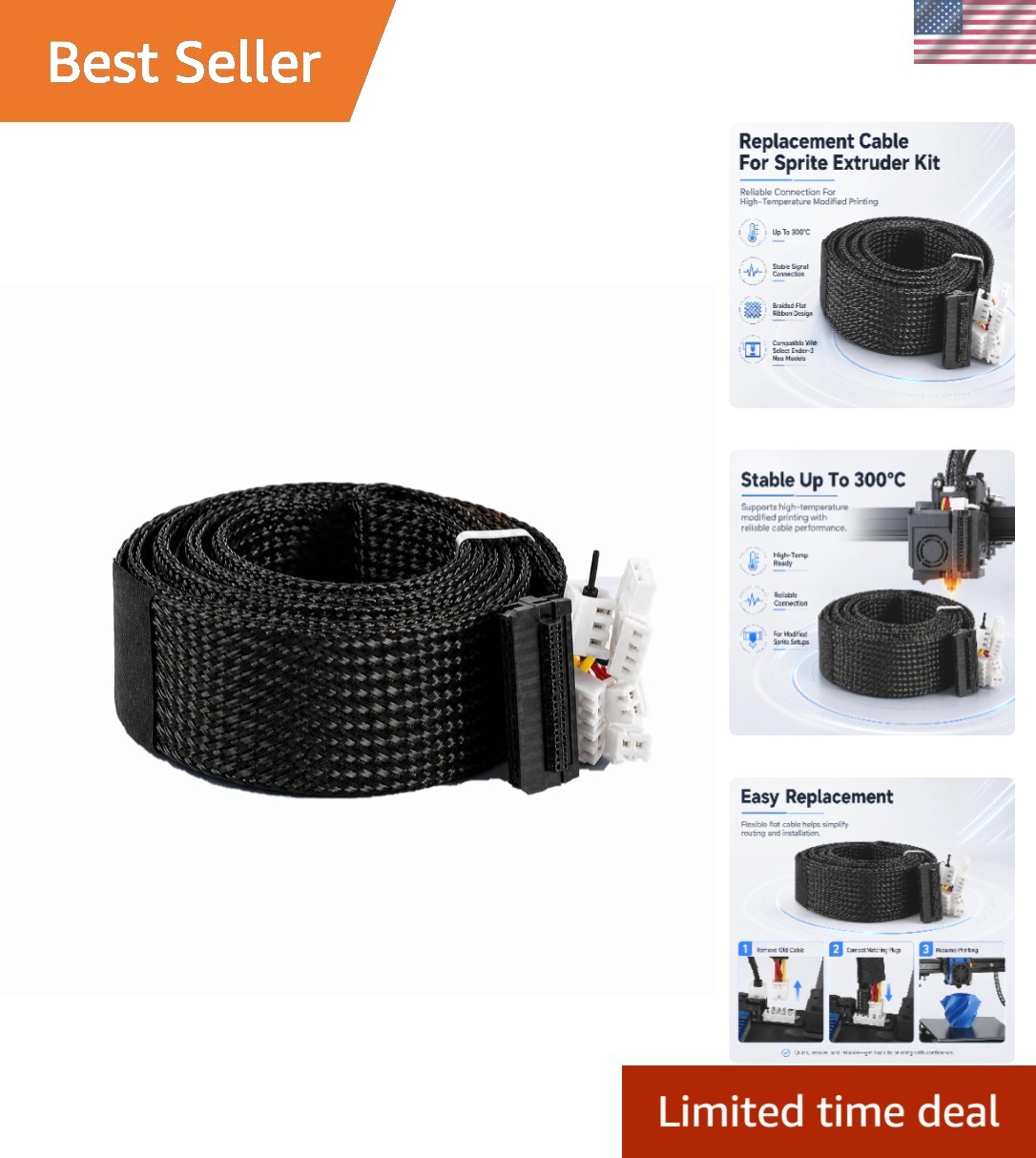 Official Sprite Extruder Kit Cable, 300℃ High Temperature Printing Modified K...