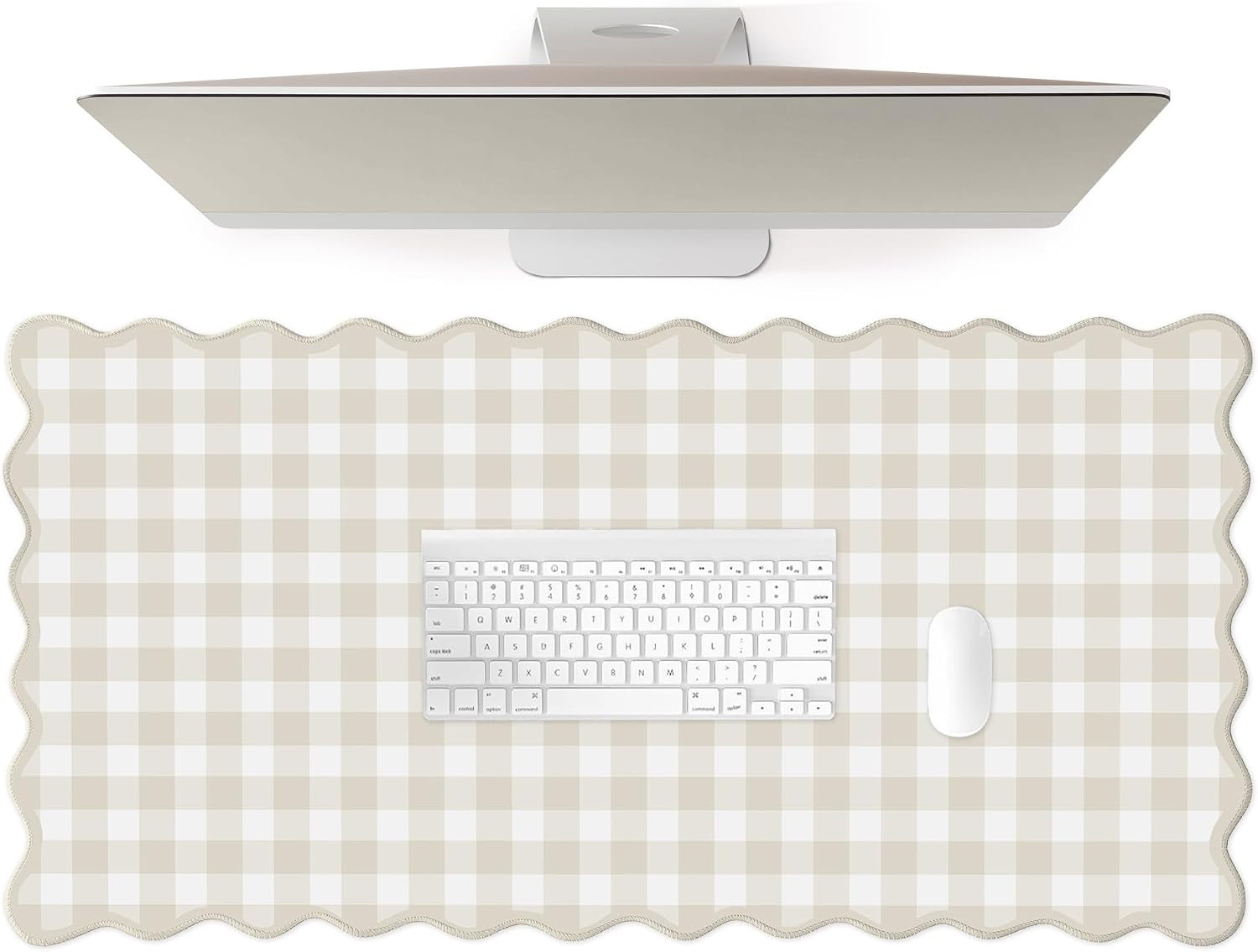 Scalloped‌ Beige Checkered Gingham Desk Mat Cute Pastel Large Mouse Pad Kawaii C