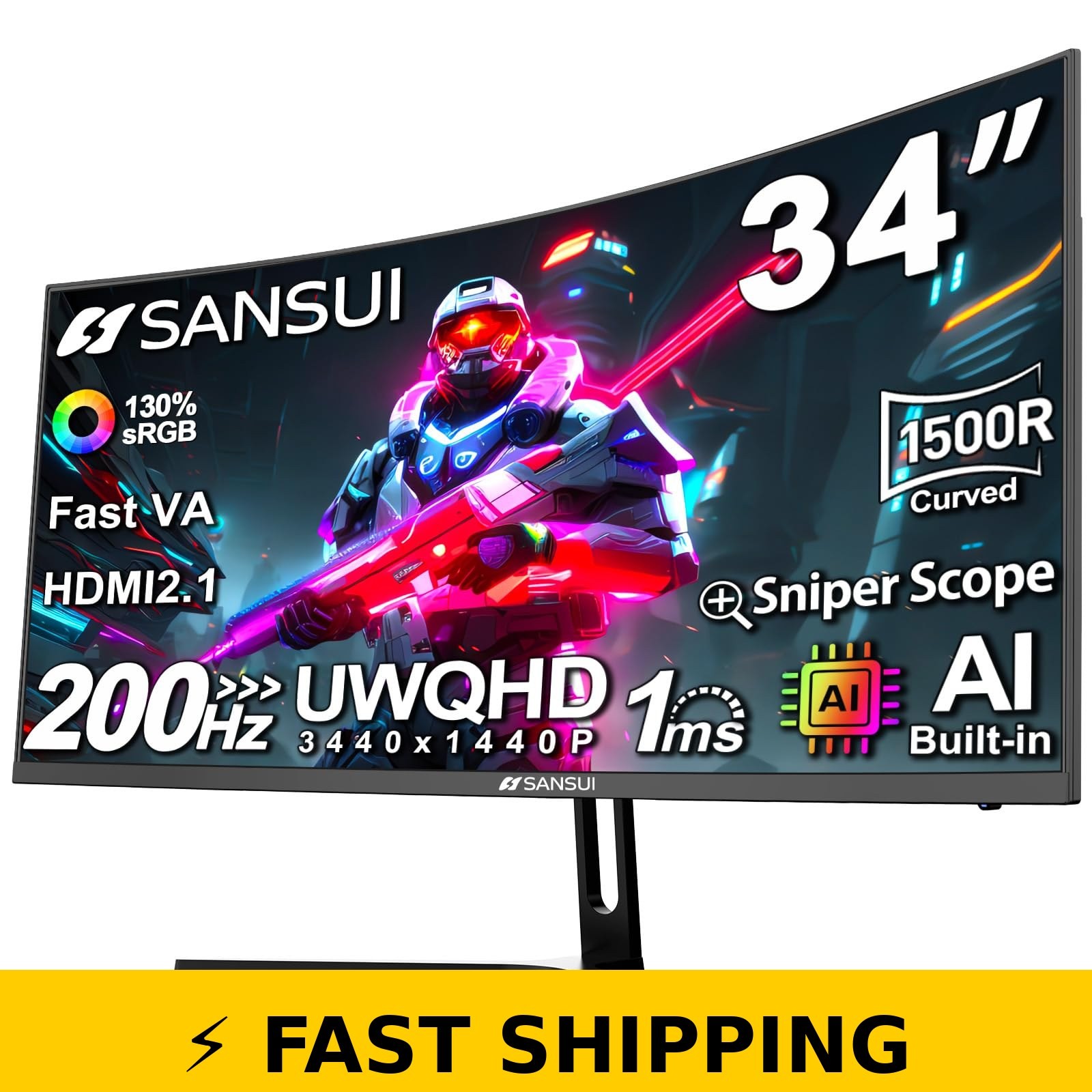 SANSUI 34-Inch Curved Gaming Monitor UWQHD 200Hz Fast VA