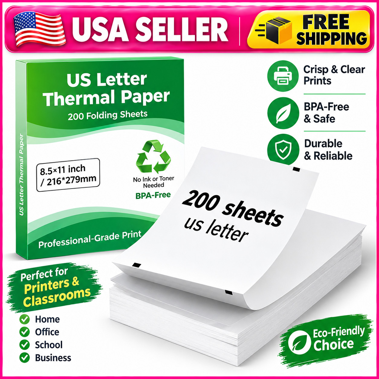 200 Sheets Thermal Printer Paper Perforated Continuous Fanfold Quick Dry Inkless
