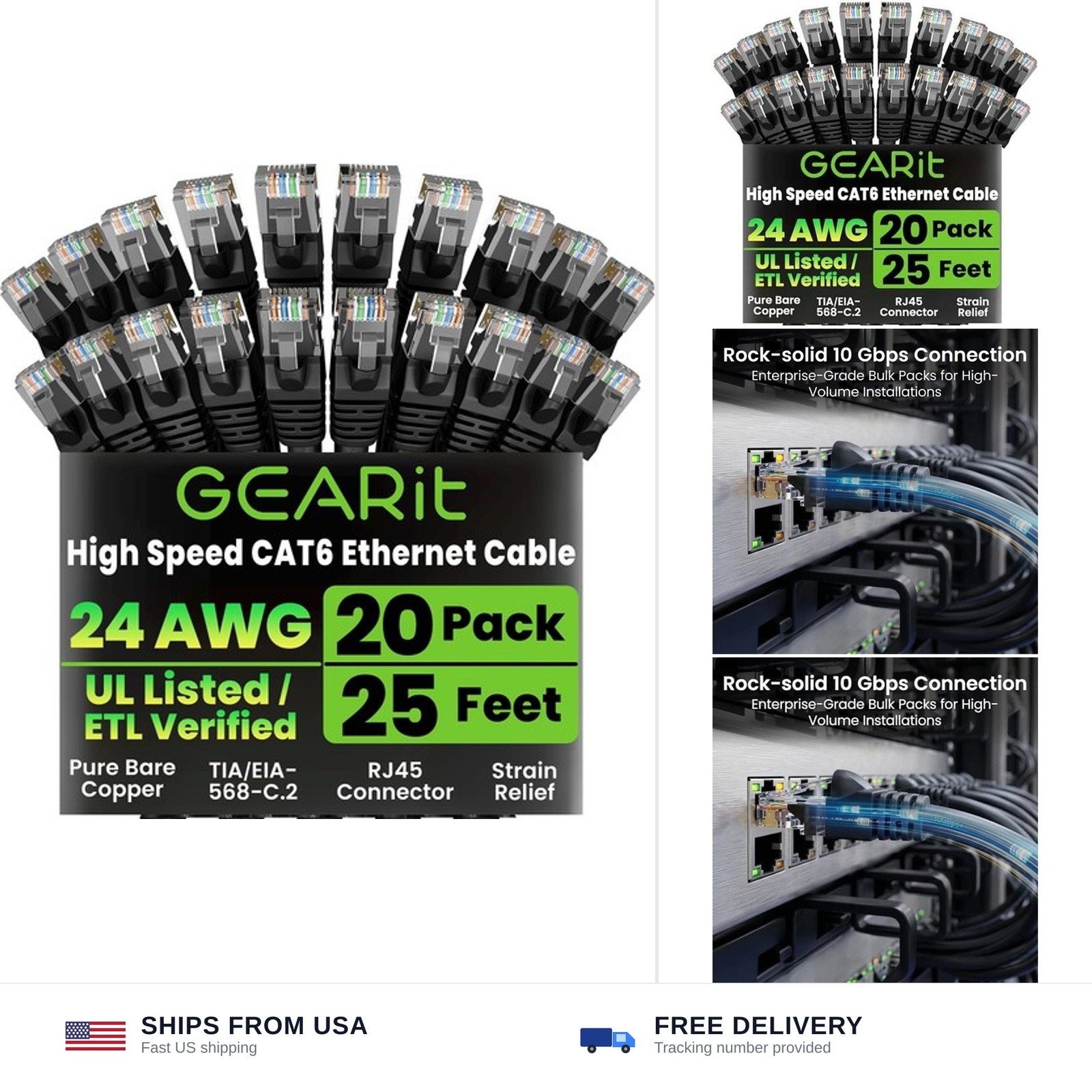 GEARit Cat 6 Ethernet Cable Pack - 20-Pack 25 ft Cat6 Ethernet Patch Cables |...