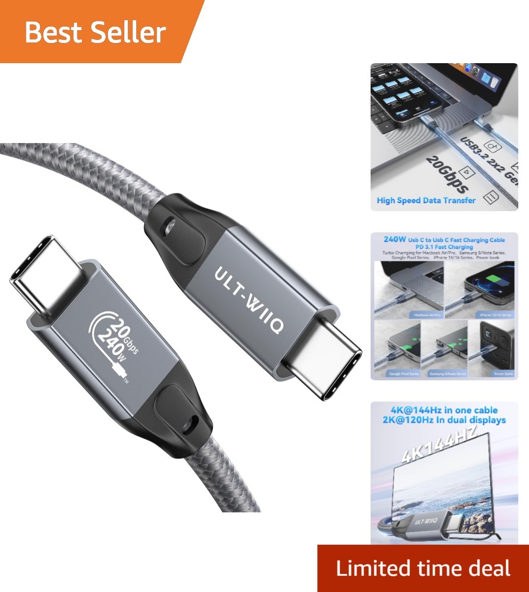 Durable USB C to USB C Cable: 3.3FT with 8K Video & Fast Charging Capabilities