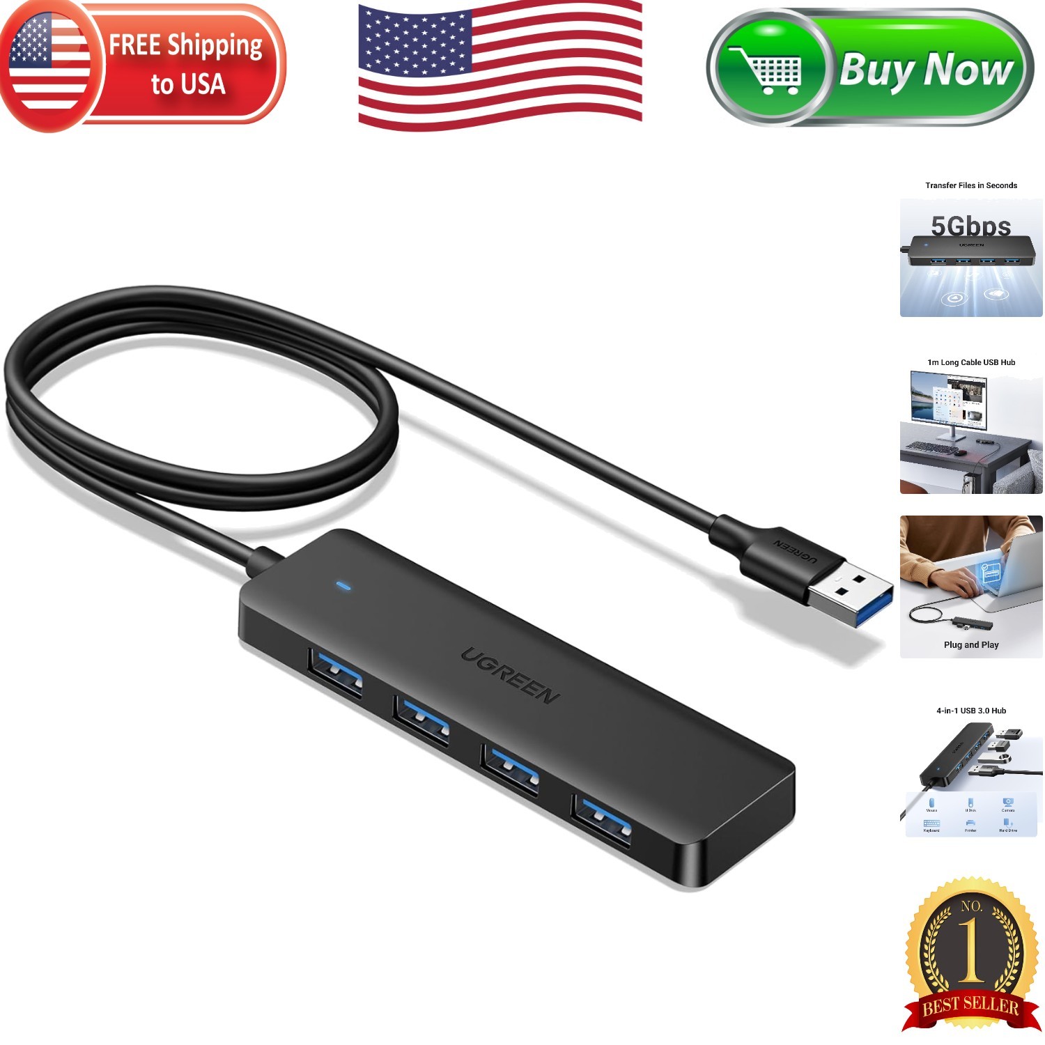 Travel-Friendly USB 3.0 Hub: 4 Ports and 3.3ft Cable for Ultimate Connectivity