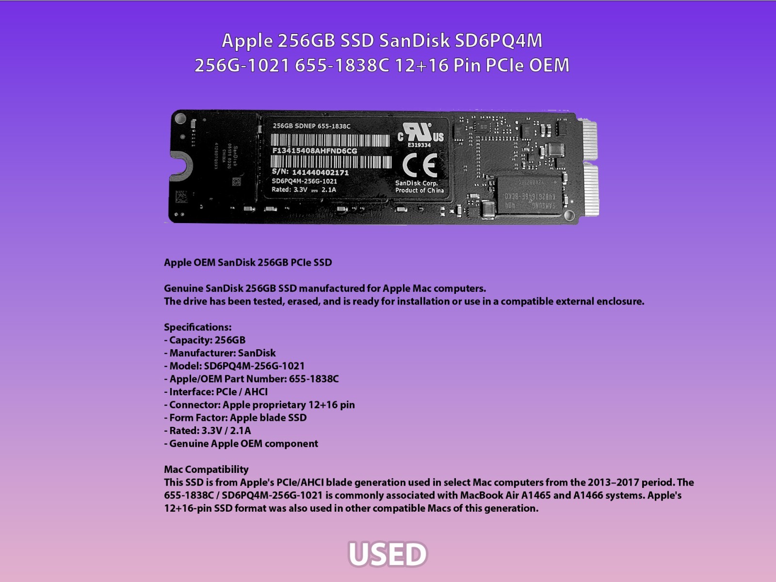 Apple 256GB SSD SanDisk SD6PQ4M-256G-1021 655-1838C 12+16 Pin PCIe OEM