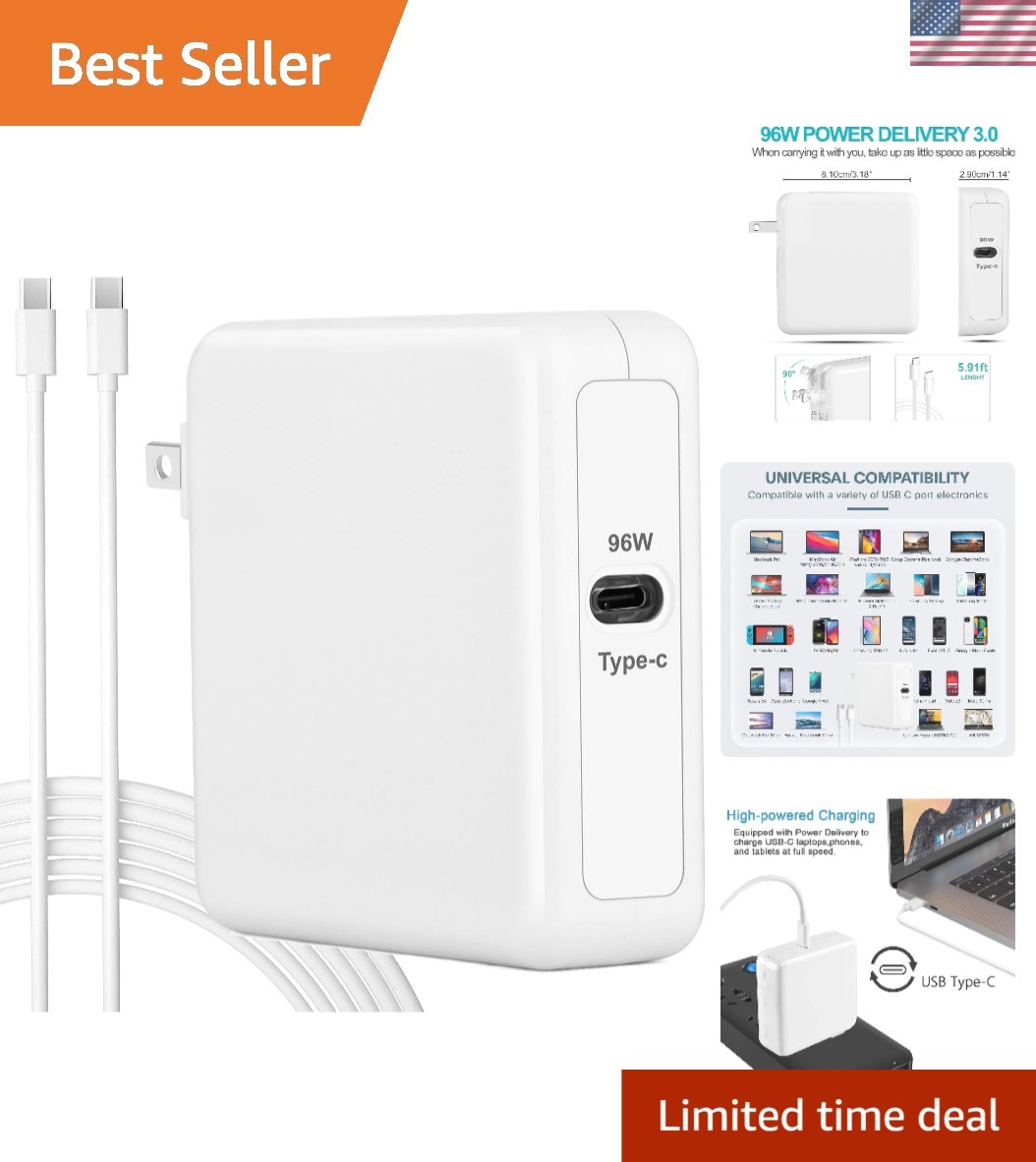 Sleek 96W USB-C Laptop Charger - Ideal for MacBook Pro, Air & Other Devices