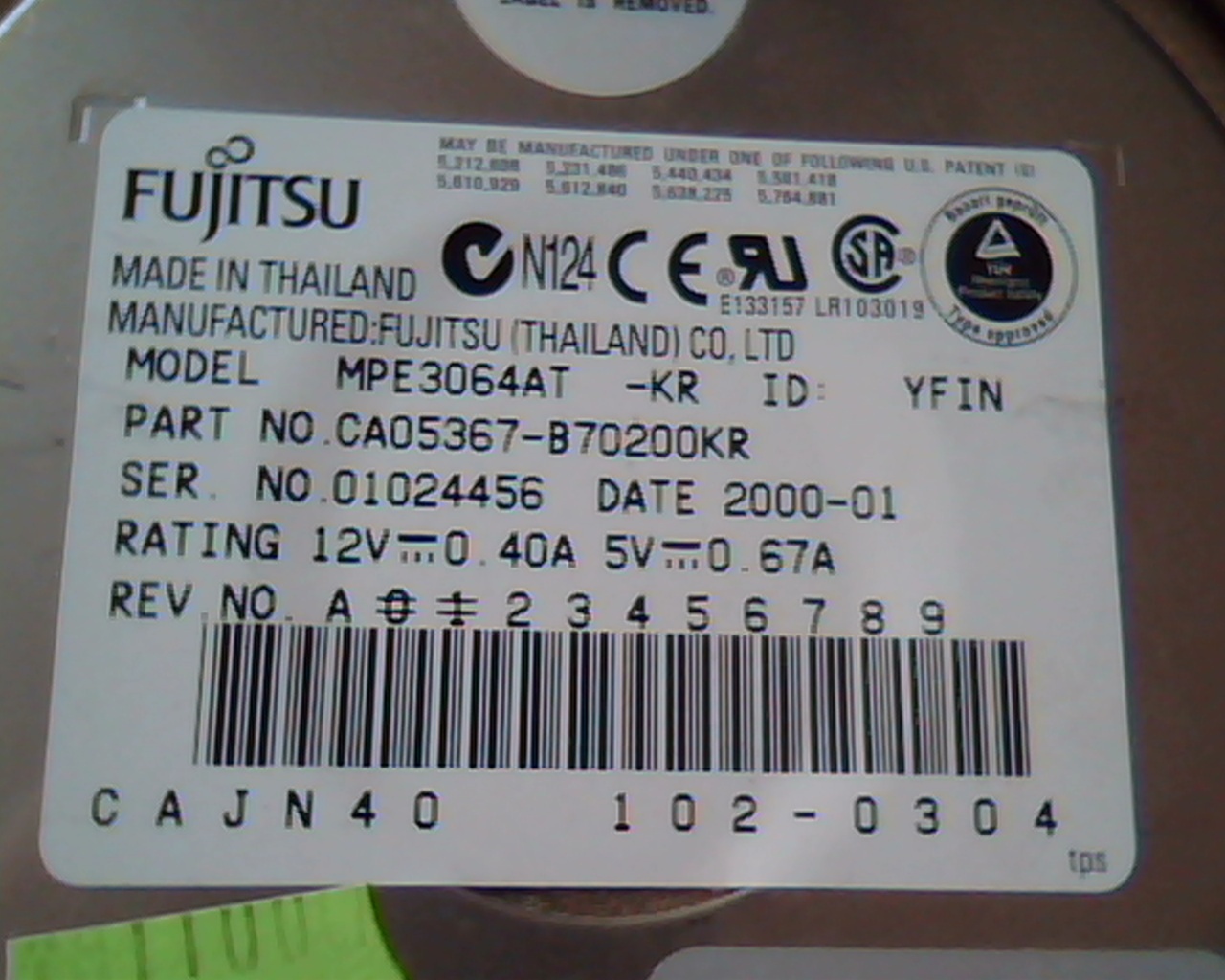 Hard Disk Drive IDE Fujitsu Limited MPE3064AT CA05367-B70200KR 102-0304 YFIN