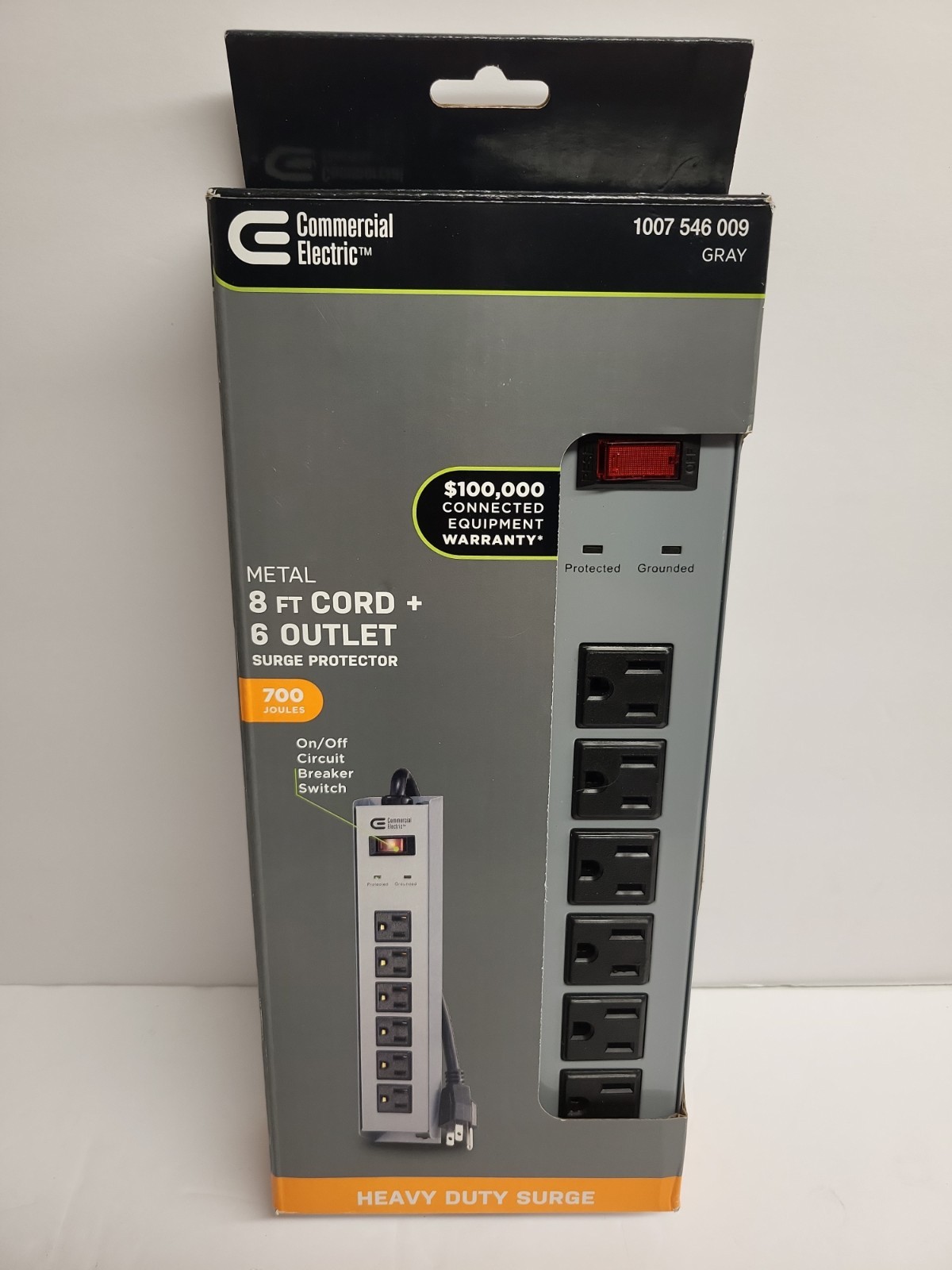 Commercial Electric Metal 6-Outlet Surge Protector 8ft Cord 700 Joules Gray NEW