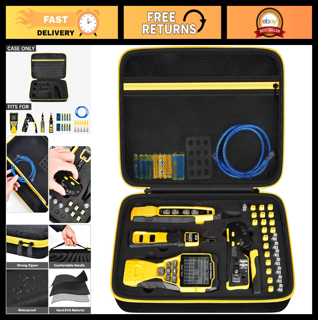 Cable Tester Case for Klein VDV501-851/VDV526-200 - Durable Black & Yellow Stora