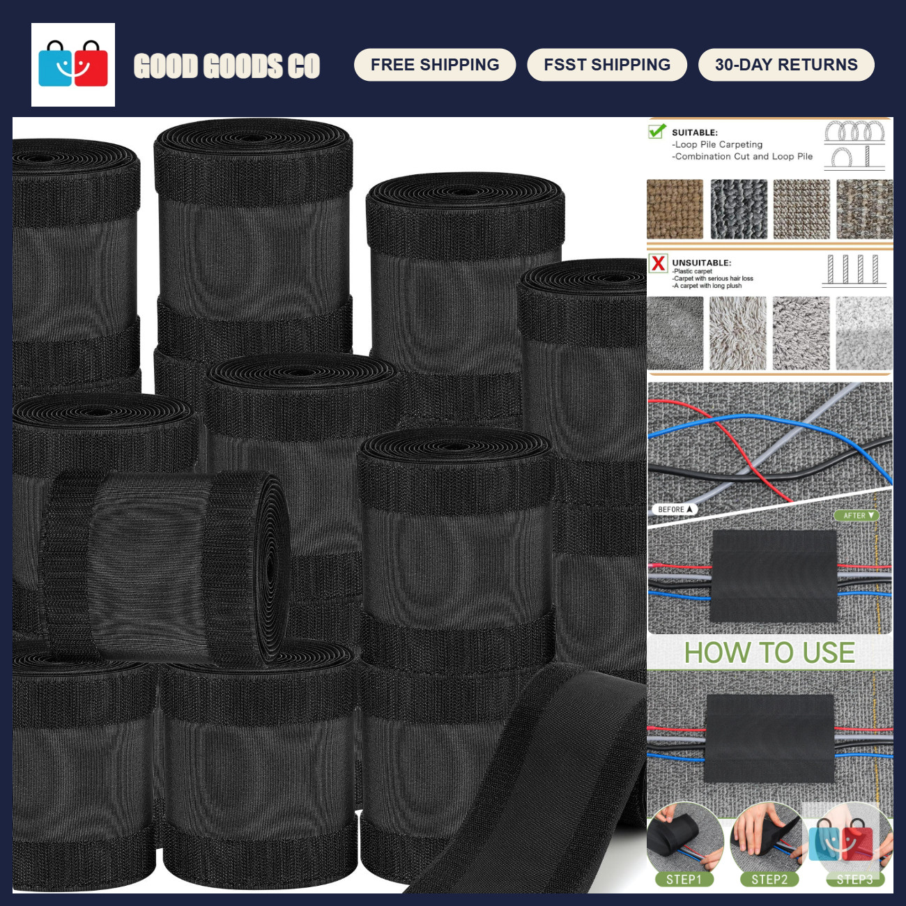 Carpet Cord Cover Cable Protector - 196.85 Ft Black, Floor Safety, Wire Manageme