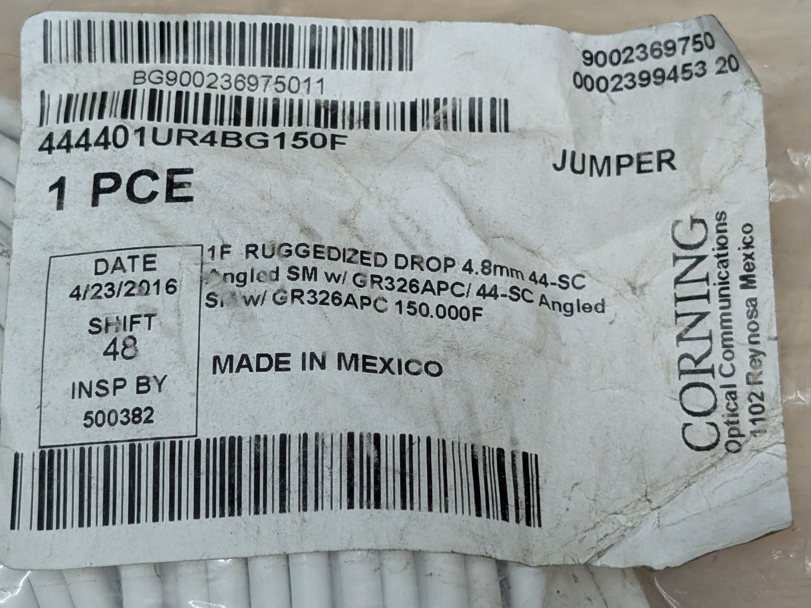 *** CORNING OPTICAL JUMPER SCAPC SIMPLEX SM 150FT 444401UR1BF150F ***