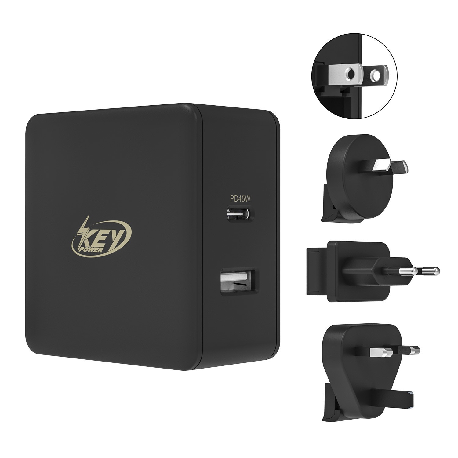 45W USB-C GaN Charger with International Power Adapter Includes UK/EU/Au Plugs