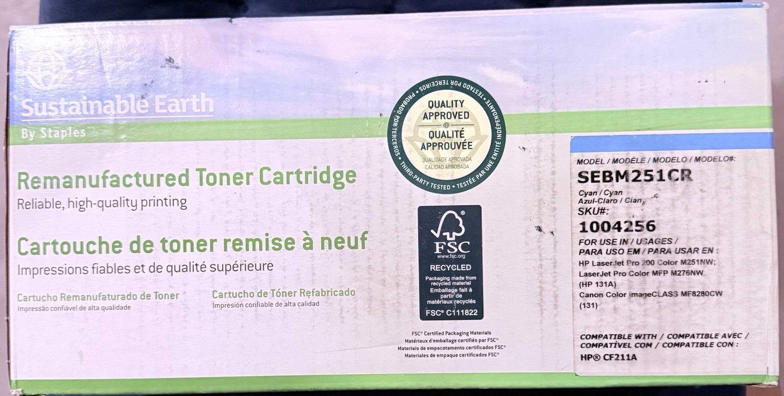 Staples Sustainable Earth Toner Cartridge Cyan Model HP SEBM251CR
