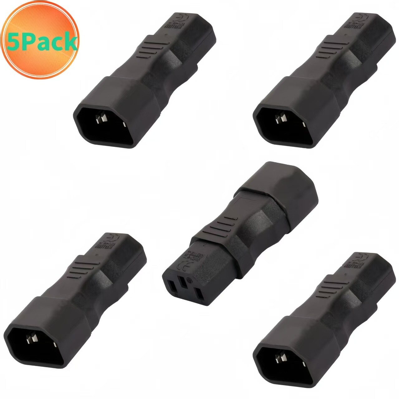 (5Pack) IEC 320 C14 to C13 straight adapter, IEC C13 to C14 180 degree adapter
