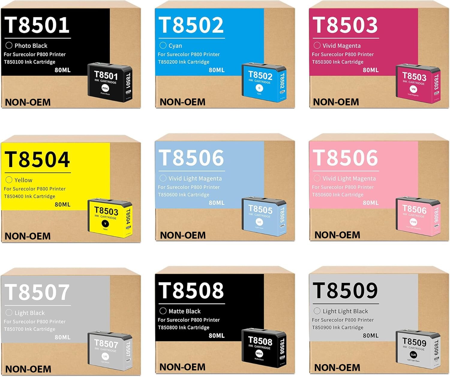 T850 Ink Cartridge (9-Pack, 80ML) for Epson SureColor P800 T8501 T8509