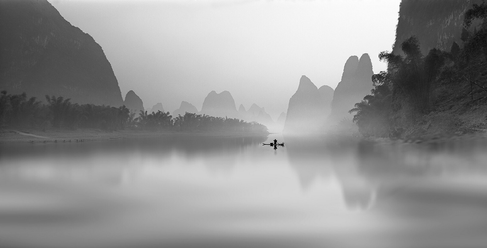 Landscape nature mist river fisherman mountains palm Custom Gaming Mat Desk