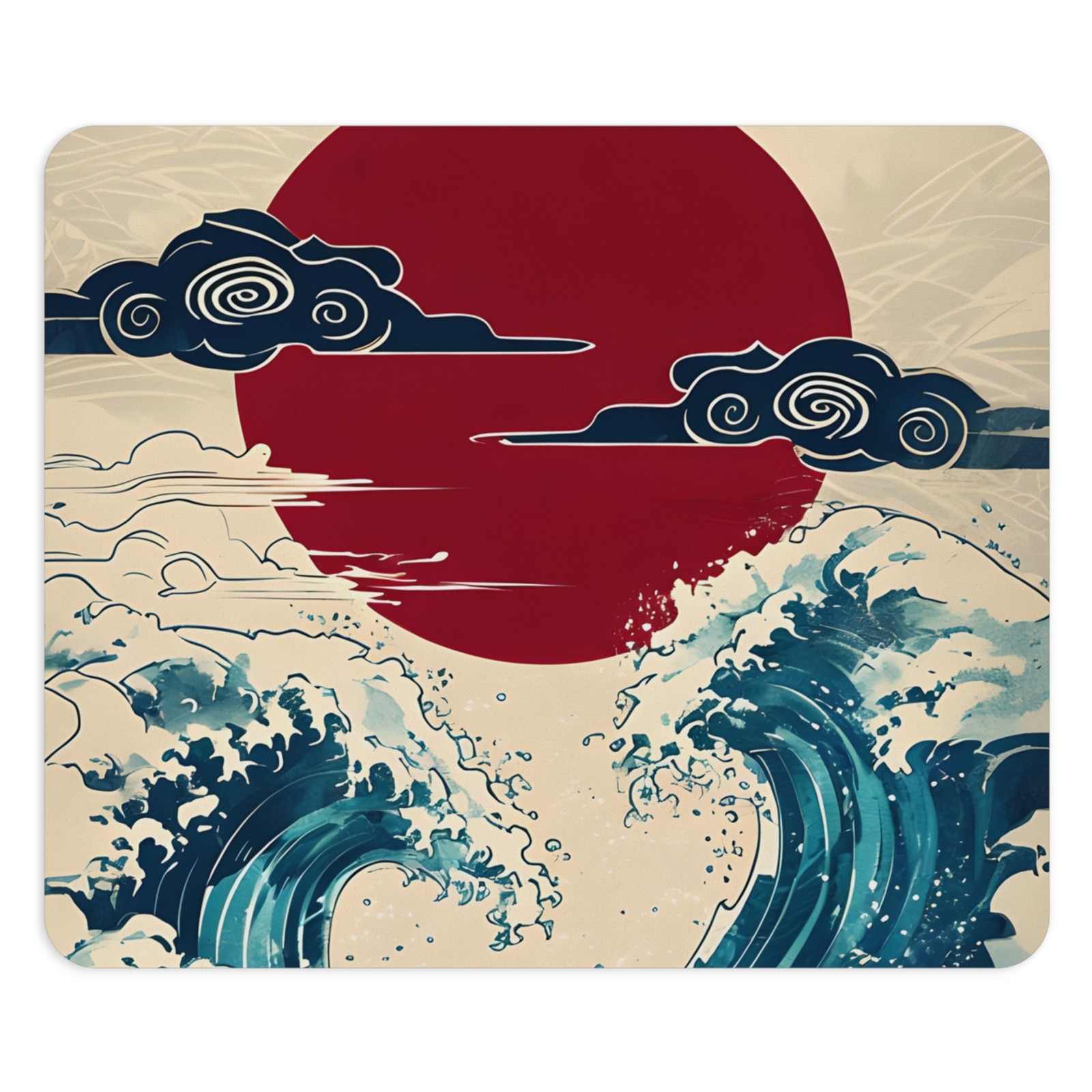 Japanese Wave and Rising Sun Mouse Pad | Retro Ukiyo-e Ocean Design