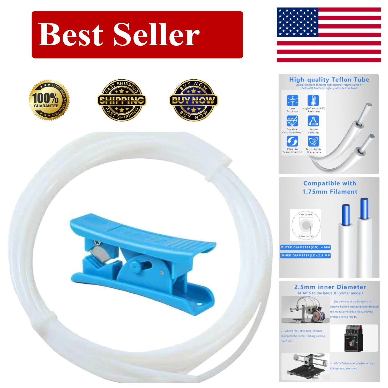 5M (16.4ft) PTFE Teflon Tube for 1.75mm Filament : 2.5mm ID×4mm OD Bowden Tub...