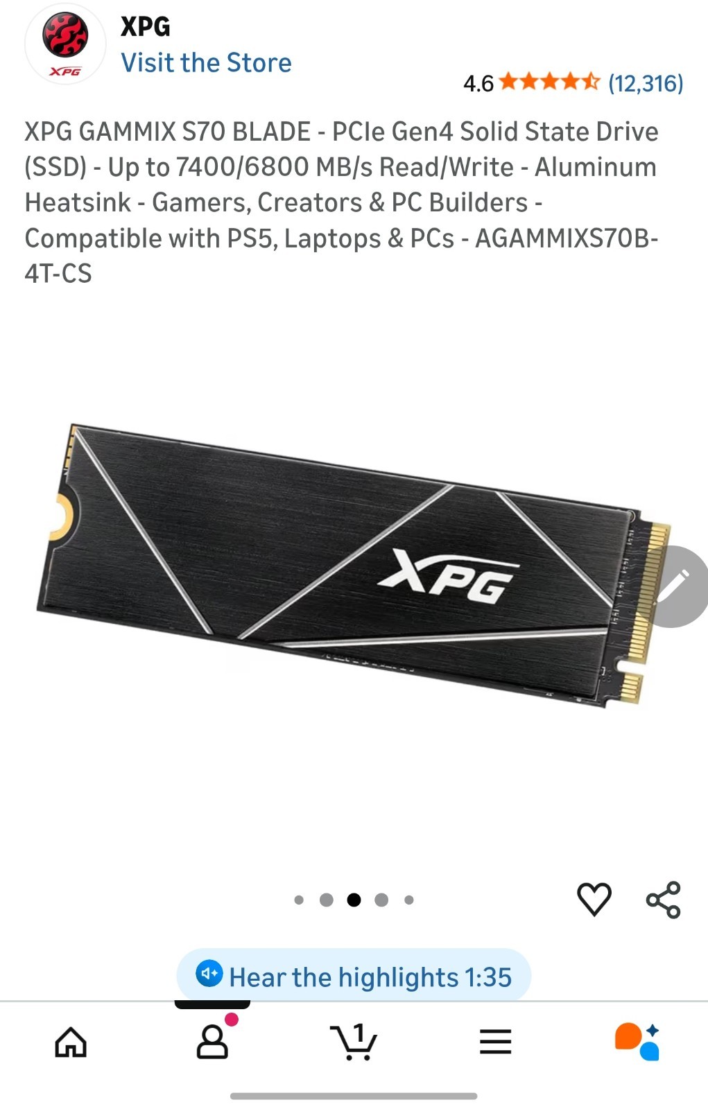 ADATA XPG GAMMIX S70 Blade SSD 4 TB internal M.2 2280 AGAMMIXS70B-4T-CS
