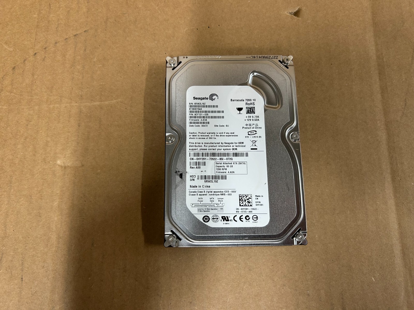 Seagate ST380815AS 3.5" SATA HD, 80GB, 9CY131-035, Date 09031, 4.ADA - USED