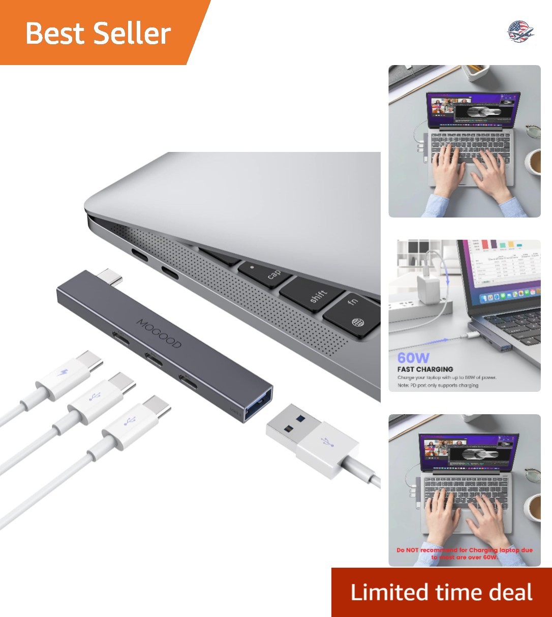 Stylish 4-in-1 USB C Hub Multiport Adapter - Ultra Thin & Portable Design