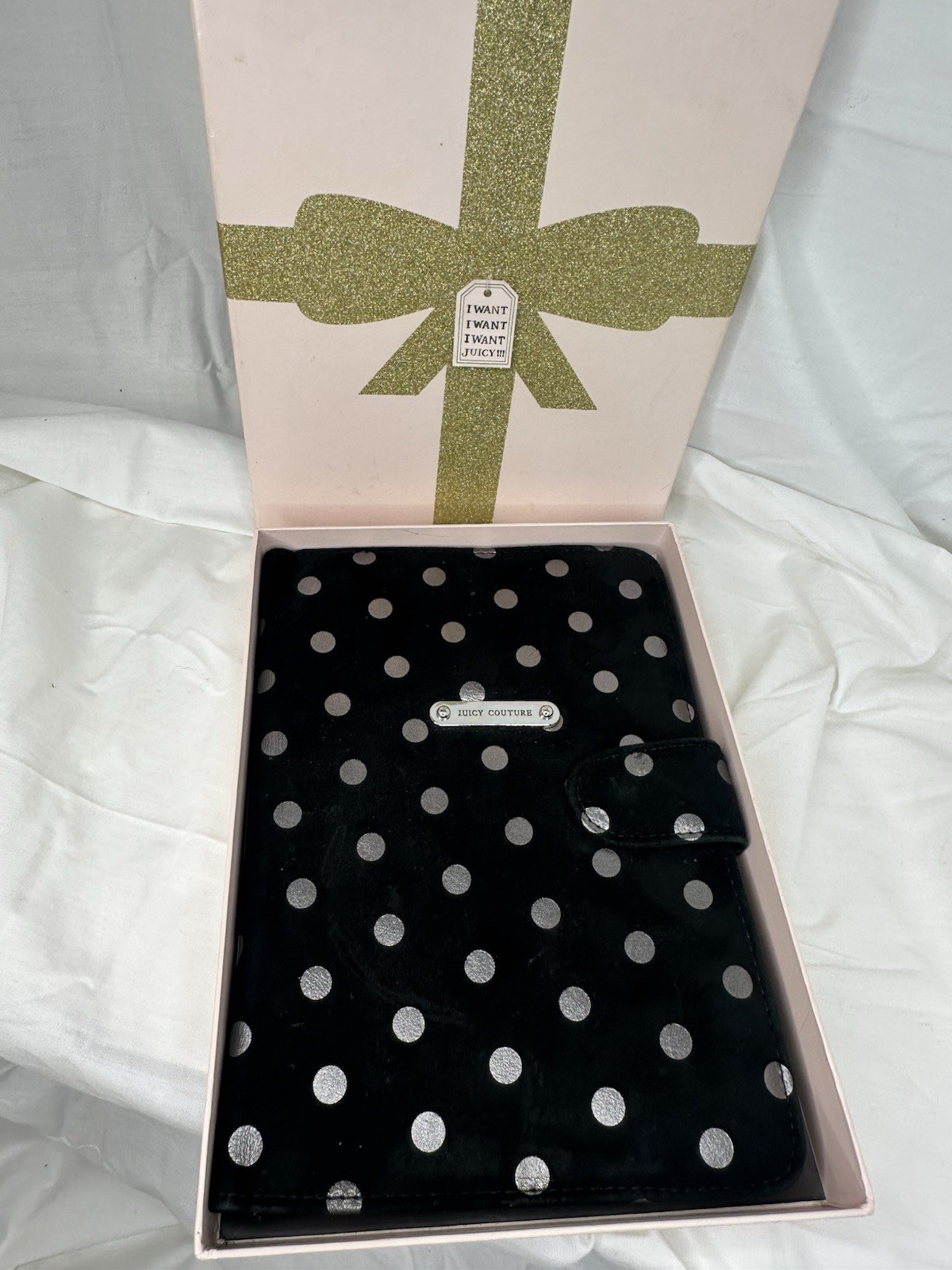 Vintage Juicy Couture Tablet Folio Case Black Silver Polka Dot Velour w/ Box