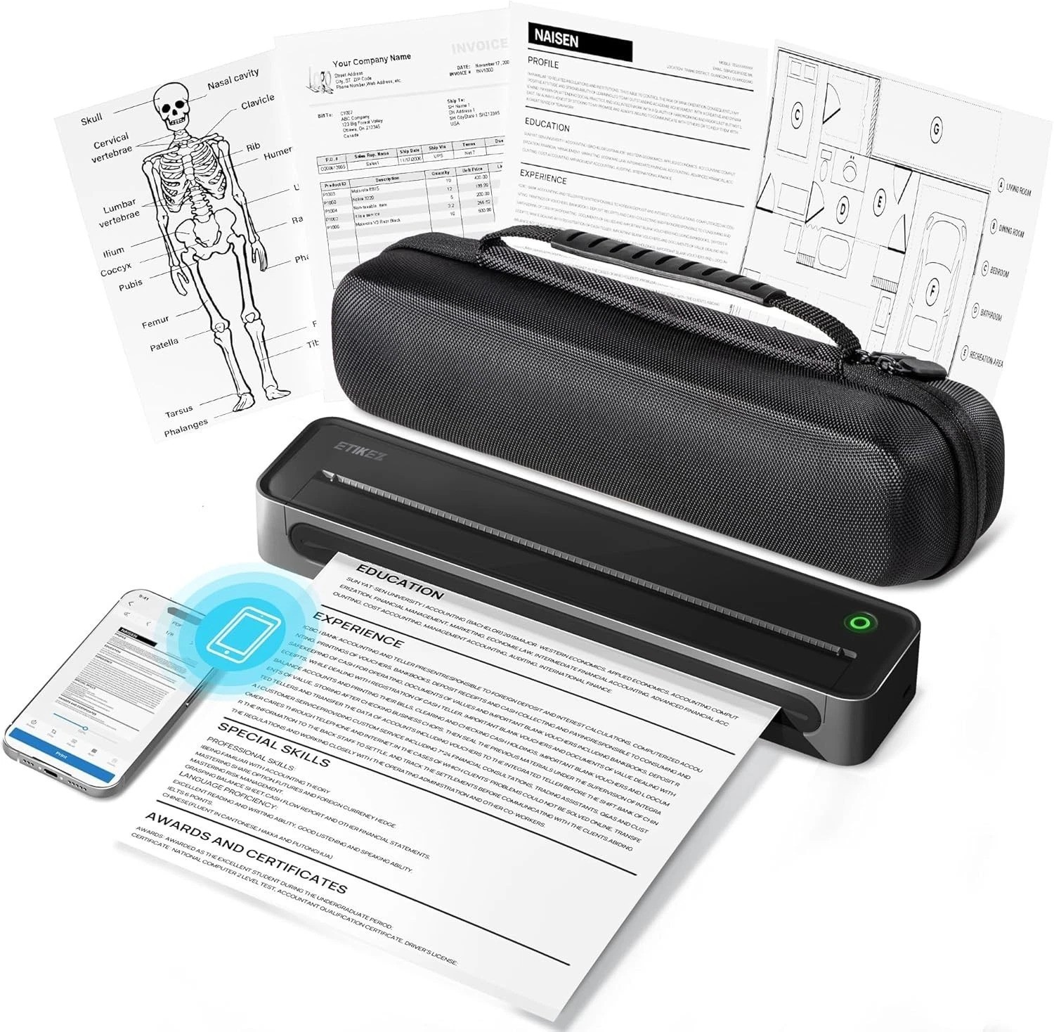 D90E Inkless Wireless Printer - Ultra-Portable 8.5x11 Printer with Built-in Case