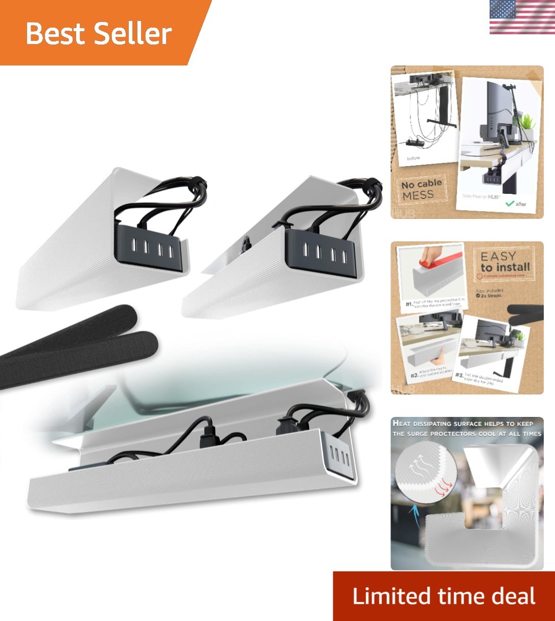 Set of 2 Self-Adhesive Under Desk Cable Management Trays - Modern White Solution
