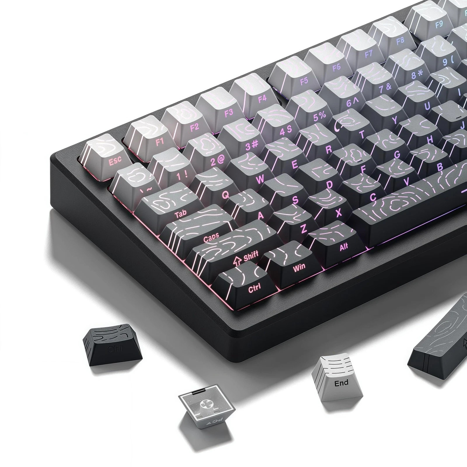White/Grey Topographic keycap Sets Line Backlit Gradient keycaps Shine Throug...