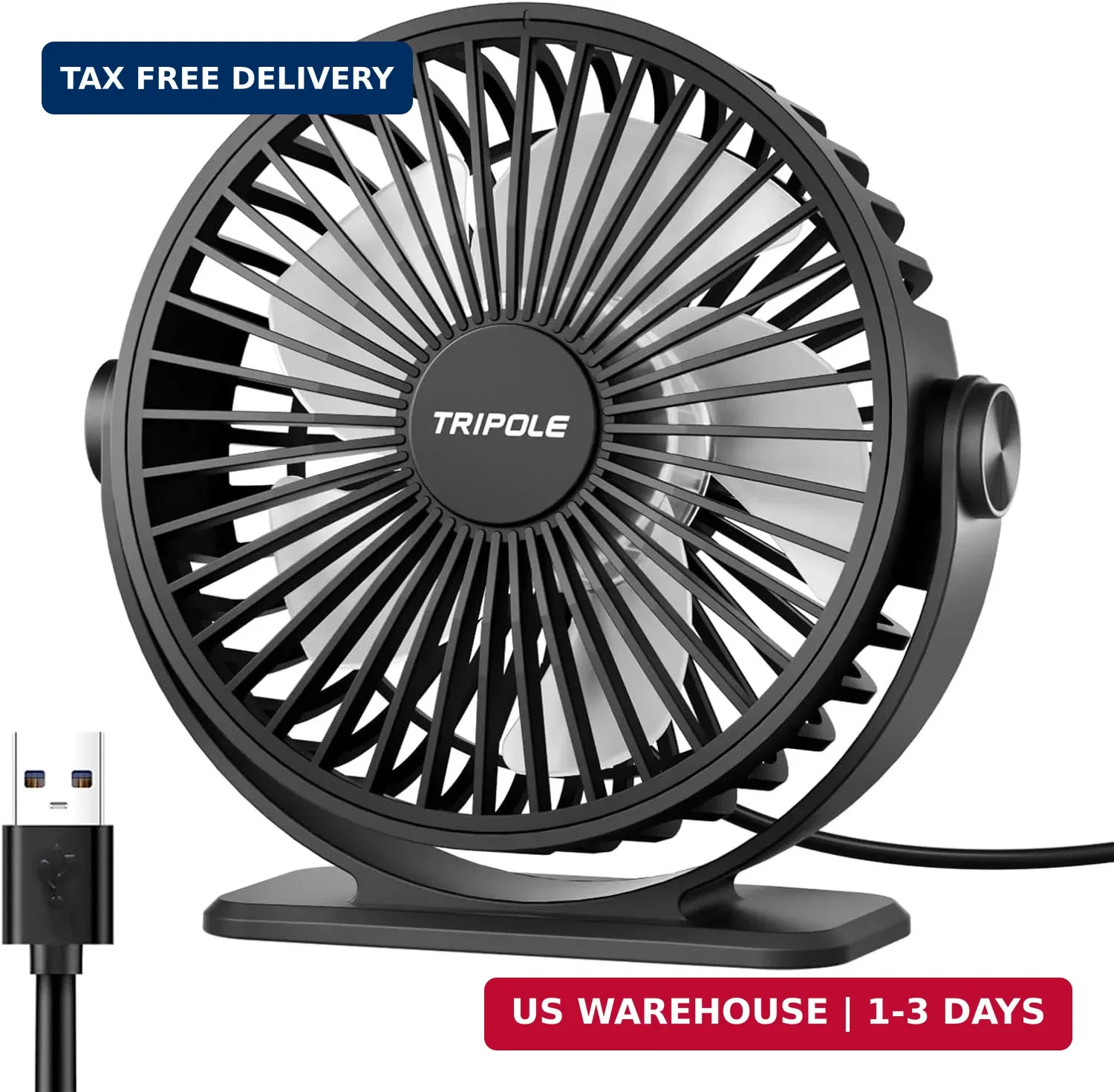 TriPole Desk Fan USB Powered Small Portable Fan, 3 Speeds Mini, Black