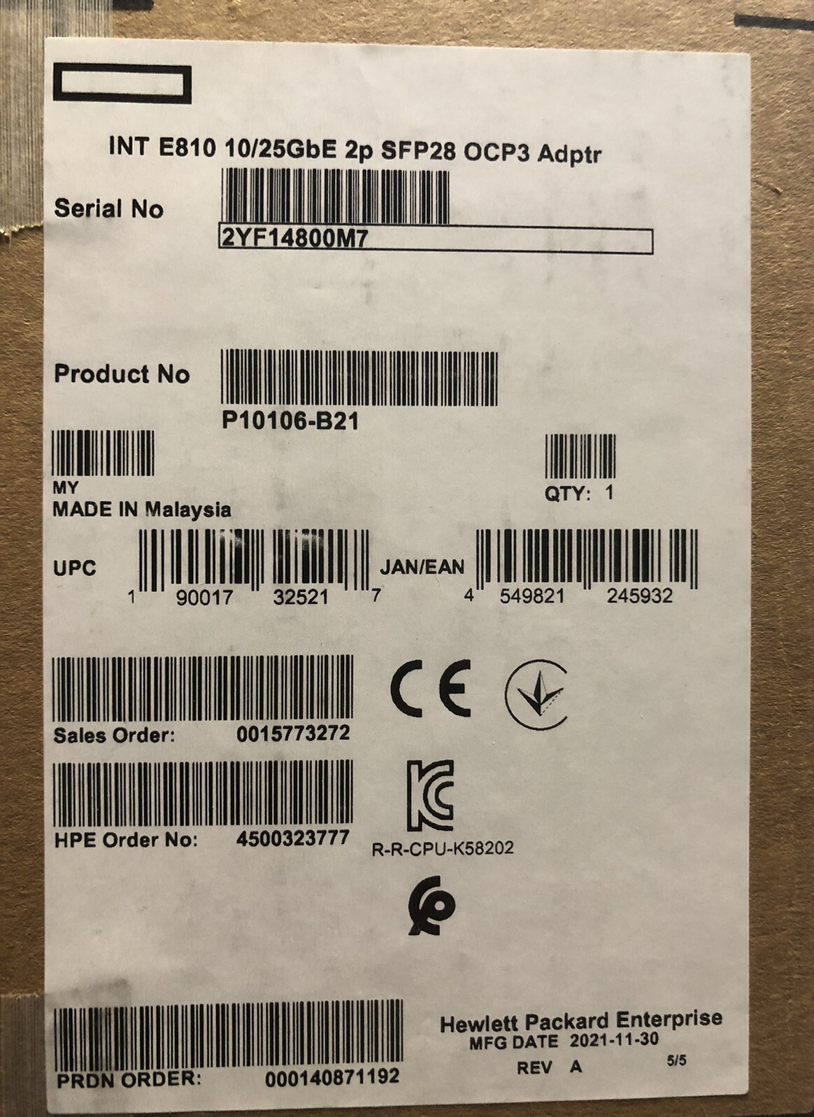 HPE 10GbE 25GbE 2P SFP28 Intel E810 OCP3 Network Adapter NIC 2 Port 10G 25G 25GE