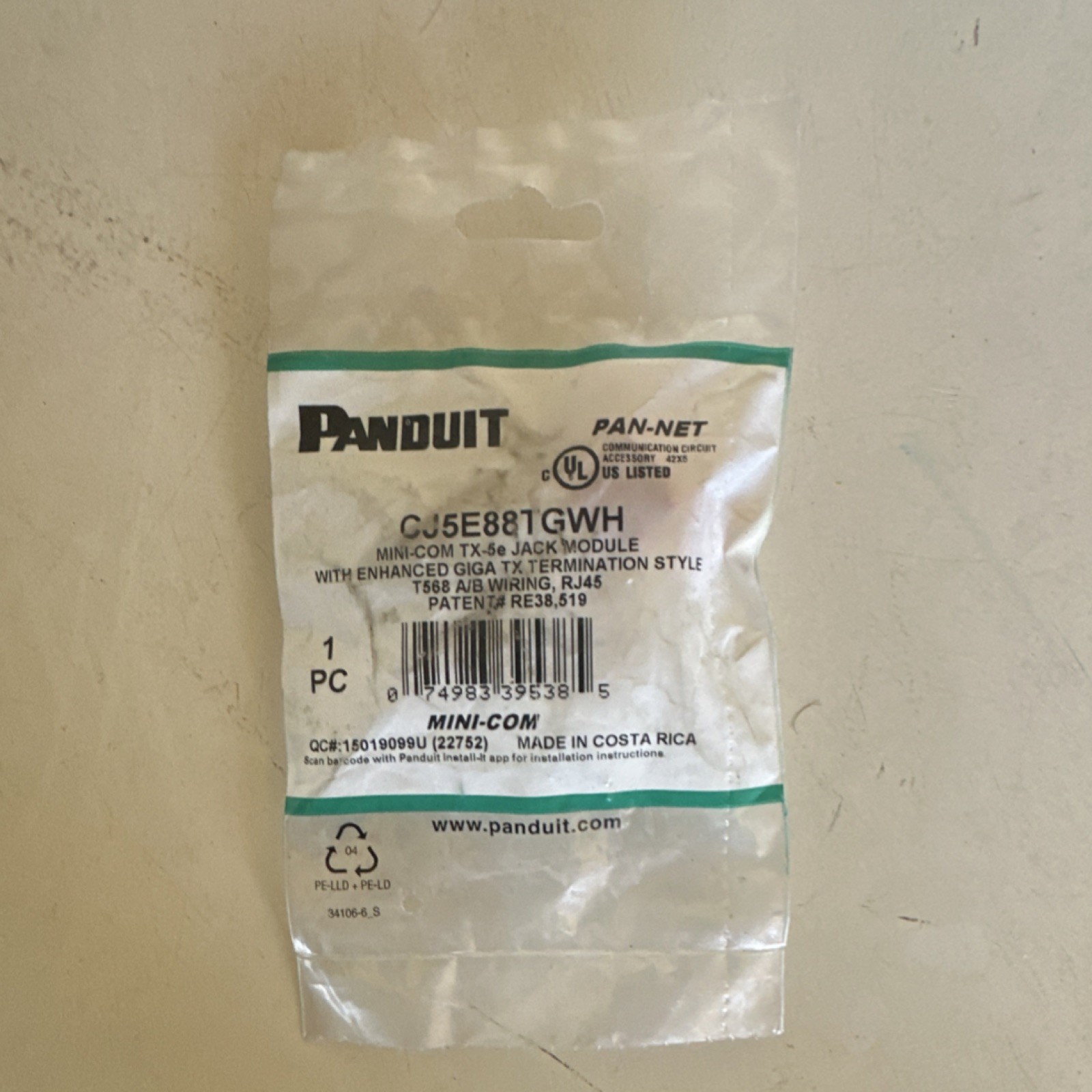 Panduit Mini-Com TX-5e Jack RJ45 Cat 5e Panel Mount White
