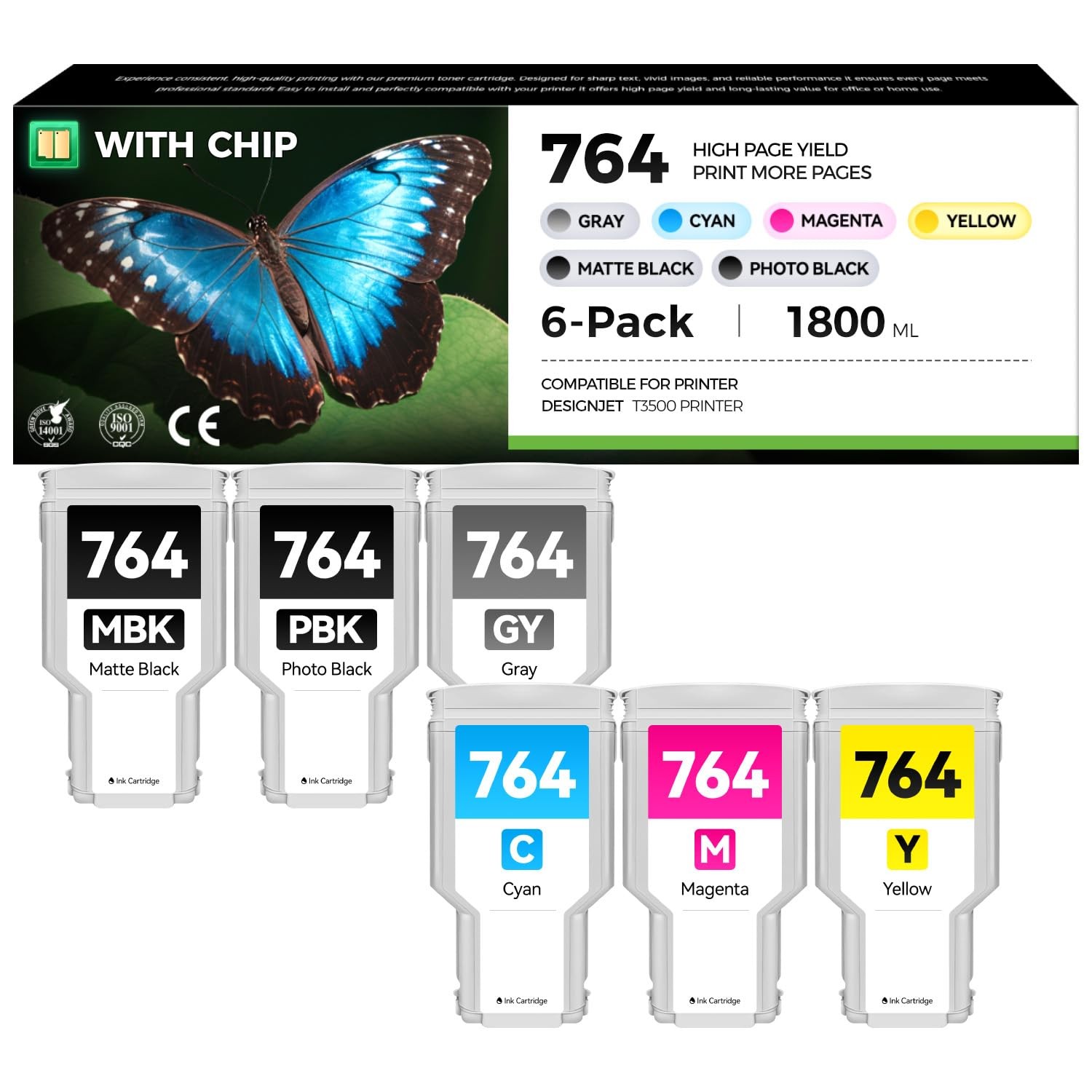 764 Ink Cartridges Set 6-Pack 300ML with Chip 764 6-Pack, 764
